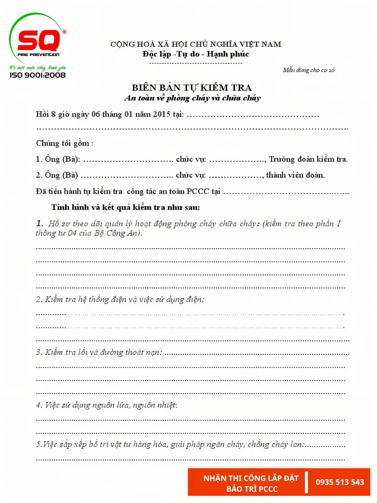 biên bản tự kiểm tra PCCC